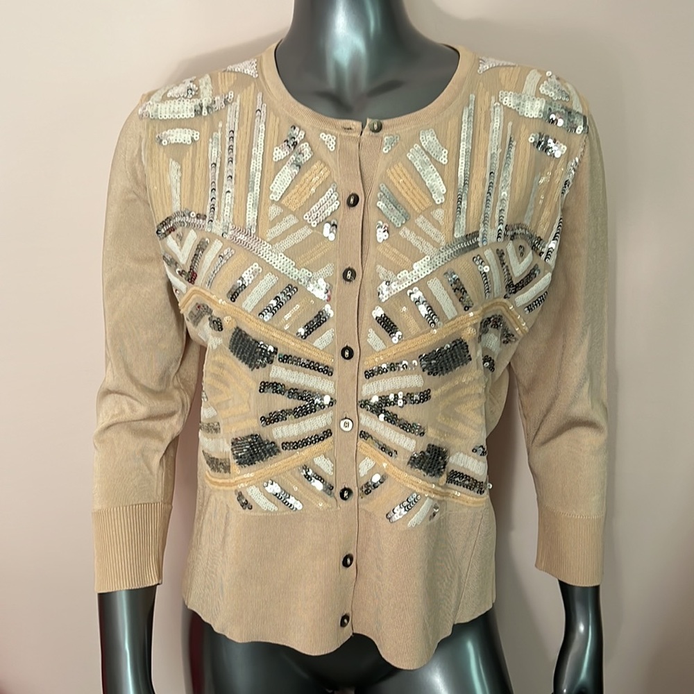 Cache Cream w/ Silver Sequin 3/4 Sleeve Knit Cardigan Sweater - Picture 2 of 13